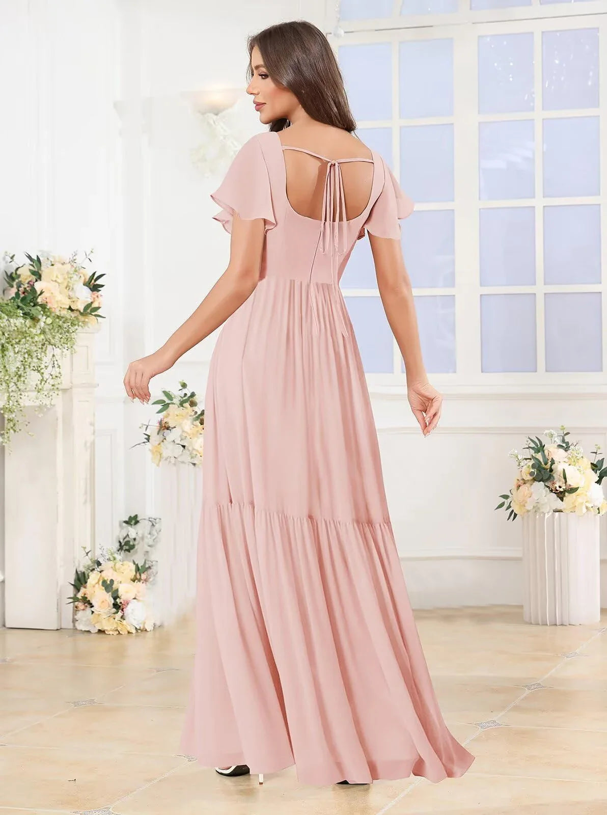 Elegant A-Line Square-Neck Ruffle-Sleeve Tie-Back High-Slit Tiered Maxi Evening Dress
