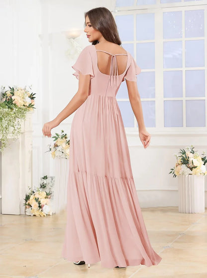 Elegant A-Line Square-Neck Ruffle-Sleeve Tie-Back High-Slit Tiered Maxi Evening Dress