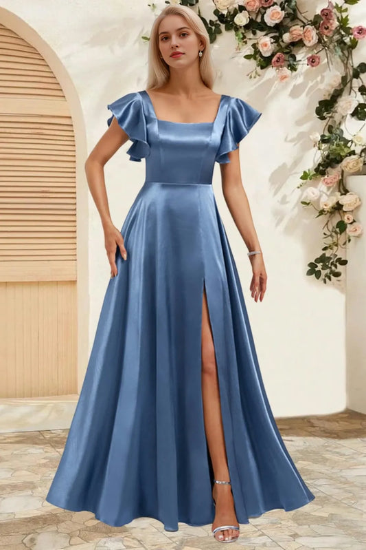 Elegant A Line Square Neck Ruffled Short Sleeve Bow Back High Slit Floor Length Satin Evening Dress