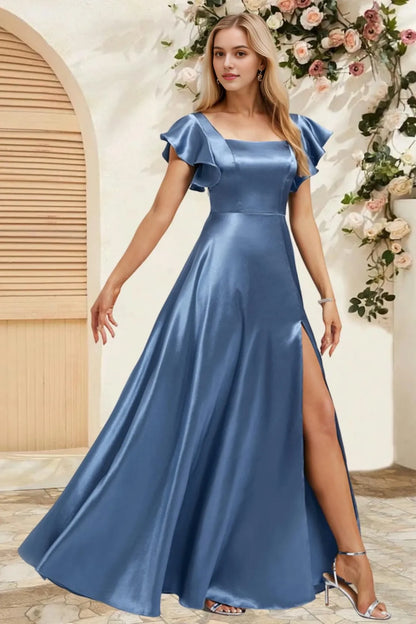 Elegant A Line Square Neck Ruffled Short Sleeve Bow Back High Slit Floor Length Satin Evening Dress