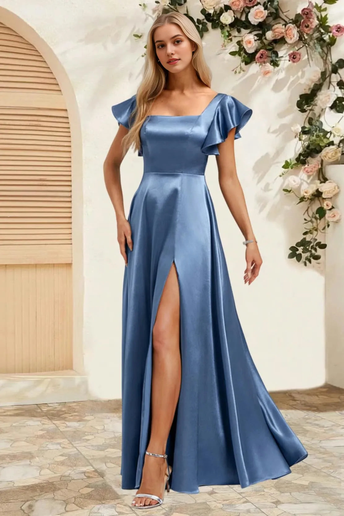 Elegant A Line Square Neck Ruffled Short Sleeve Bow Back High Slit Floor Length Satin Evening Dress