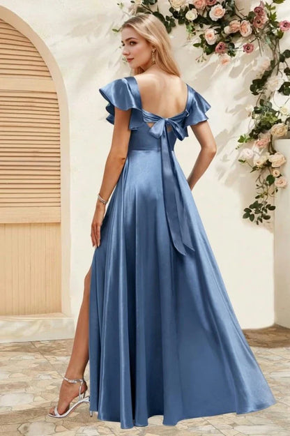 Elegant A Line Square Neck Ruffled Short Sleeve Bow Back High Slit Floor Length Satin Evening Dress