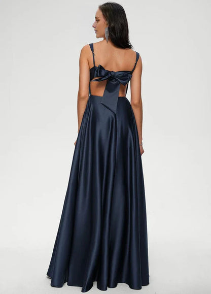 Elegant A-Line Square Neck Satin High-Slit Bow Back Maxi Evening Dress