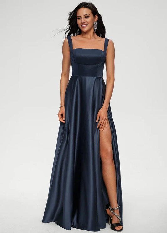 Elegant A-Line Square Neck Satin High-Slit Bow Back Maxi Evening Dress