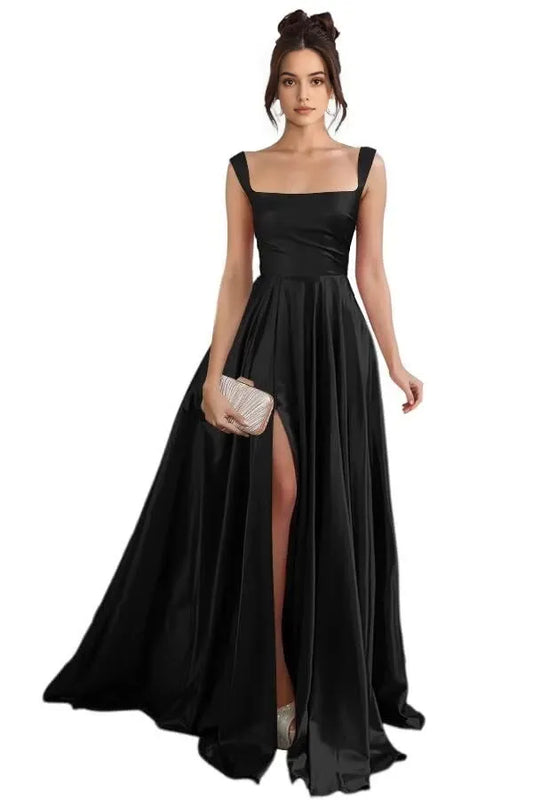 Elegant A-Line Square Neck Sleeveless Lace-Up Back High-Slit Floor-Length Evening Dress