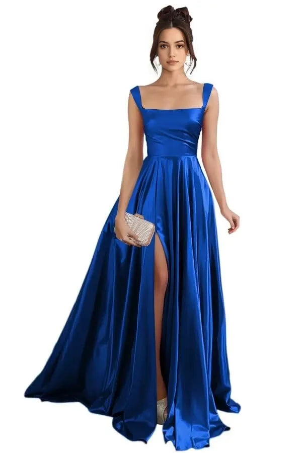 Elegant A-Line Square Neck Sleeveless Lace-Up Back High-Slit Floor-Length Evening Dress