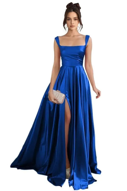 Elegant A-Line Square Neck Sleeveless Lace-Up Back High-Slit Floor-Length Evening Dress