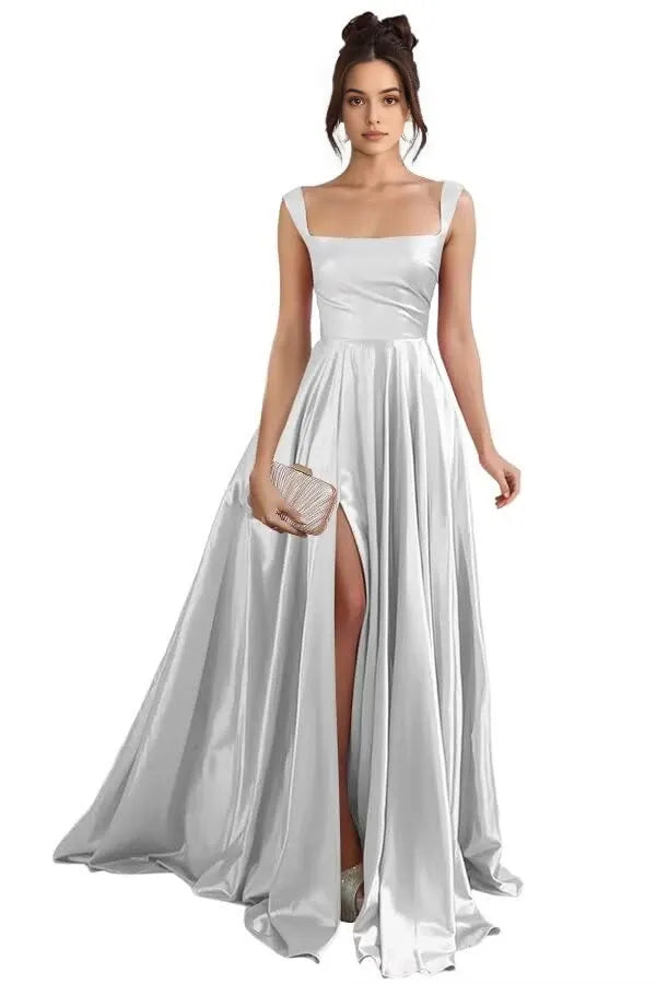 Elegant A-Line Square Neck Sleeveless Lace-Up Back High-Slit Floor-Length Evening Dress