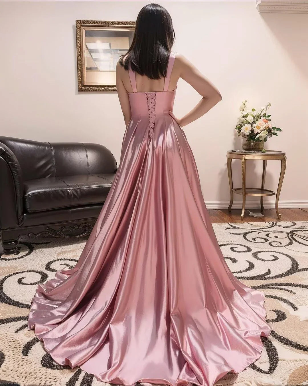 Elegant A-Line Square Neck Sleeveless Lace-Up Back High-Slit Floor-Length Evening Dress