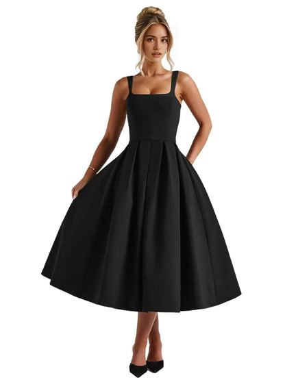 Elegant A-Line Square Neck Sleeveless Lace-Up Back Knee-Length Cocktail Dress