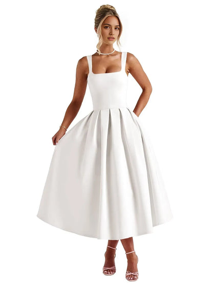 Elegant A-Line Square Neck Sleeveless Lace-Up Back Knee-Length Cocktail Dress