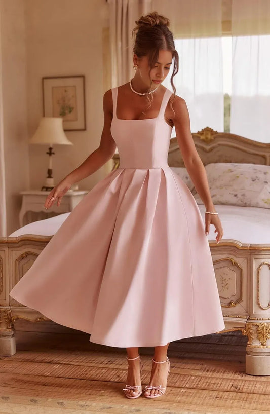 Elegant A-Line Square Neck Sleeveless Lace-Up Back Knee-Length Cocktail Dress