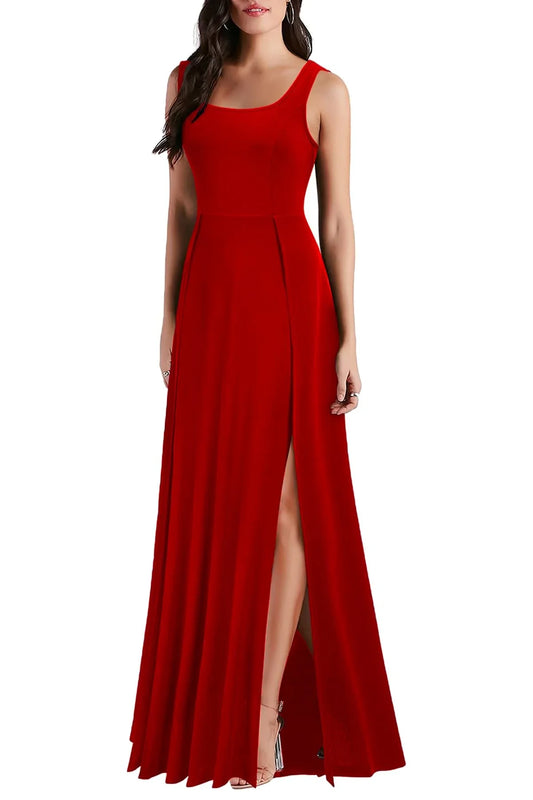 Elegant A-Line Square-Neck Sleeveless Zip-Back High-Slit Maxi Evening Dress