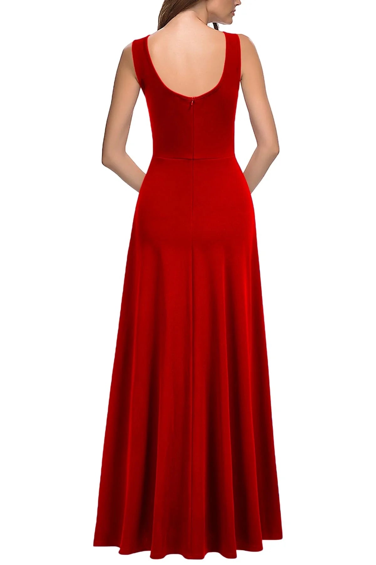 Elegant A-Line Square-Neck Sleeveless Zip-Back High-Slit Maxi Evening Dress