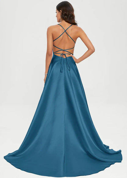 Elegant A-Line Square Neck Spaghetti Strap Crisscross Back High-Slit Satin Maxi Evening Dress