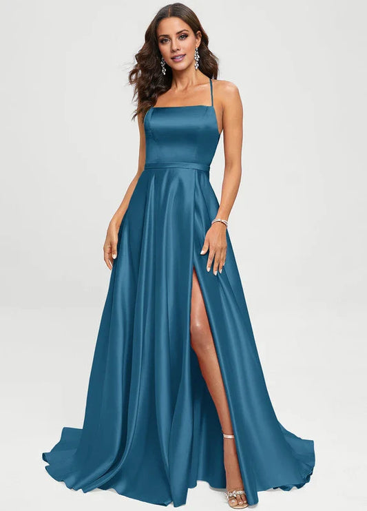 Elegant A-Line Square Neck Spaghetti Strap Crisscross Back High-Slit Satin Maxi Evening Dress