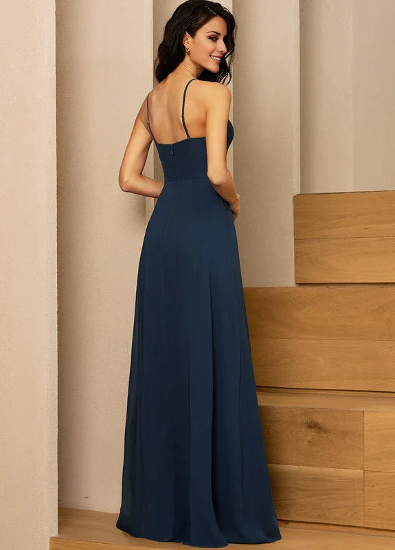 Elegant A-Line Square Neck Spaghetti Strap High-Slit Chiffon Maxi Evening Dress