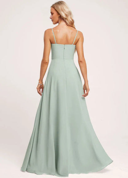 Elegant A-Line Square Neck Spaghetti Strap Ruffle High-Slit Chiffon Maxi Evening Dress
