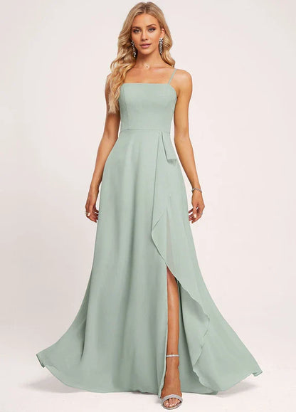 Elegant A-Line Square Neck Spaghetti Strap Ruffle High-Slit Chiffon Maxi Evening Dress
