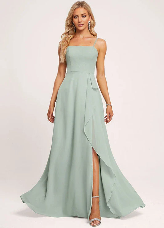 Elegant A-Line Square Neck Spaghetti Strap Ruffle High-Slit Chiffon Maxi Evening Dress