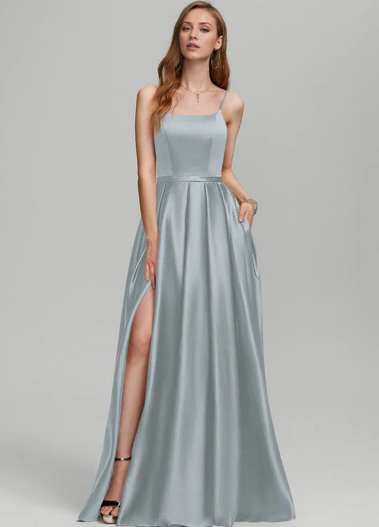 Elegant A-Line Square Neck Spaghetti Strap Satin High-Slit Maxi Evening Dress with Pockets