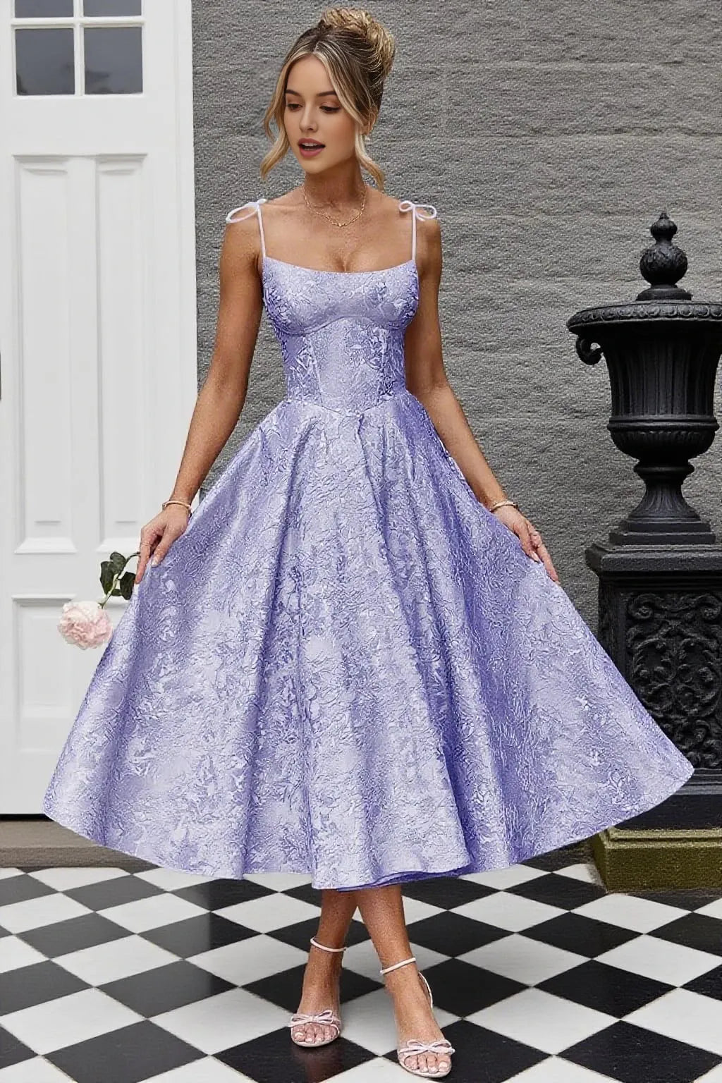 Elegant A-Line Square Neck Tie-Shoulder Lace-Up Back Jacquard Midi-Length Evening Dress