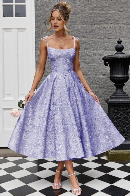 Elegant A-Line Square Neck Tie-Shoulder Lace-Up Back Jacquard Midi-Length Evening Dress