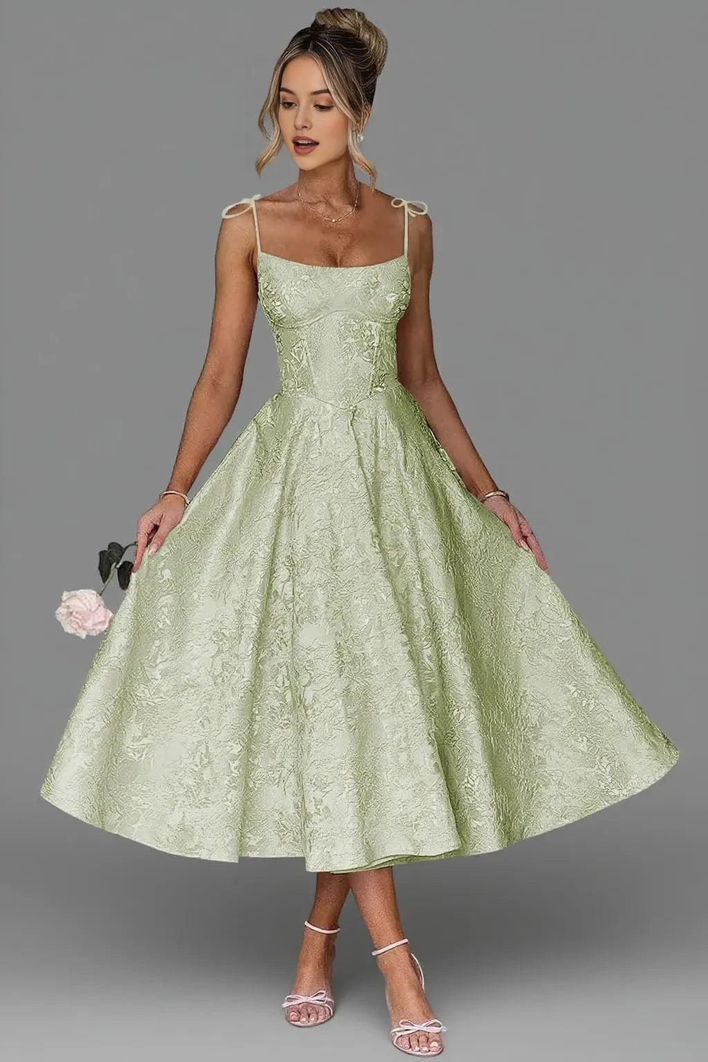Elegant A-Line Square Neck Tie-Shoulder Lace-Up Back Jacquard Midi-Length Evening Dress