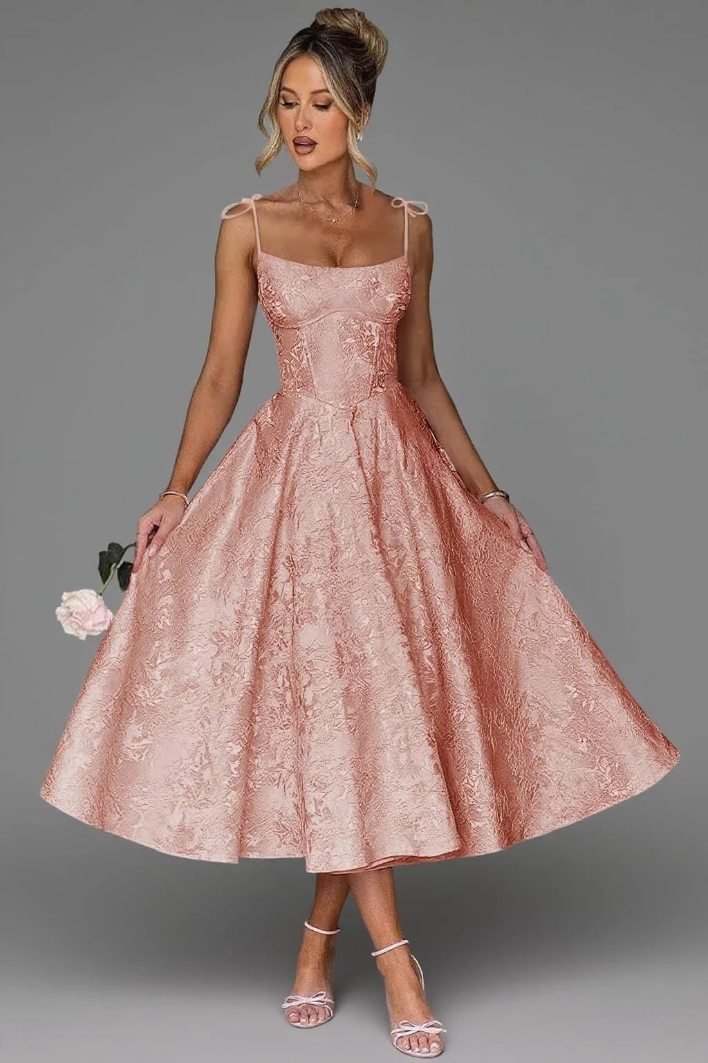 Elegant A-Line Square Neck Tie-Shoulder Lace-Up Back Jacquard Midi-Length Evening Dress
