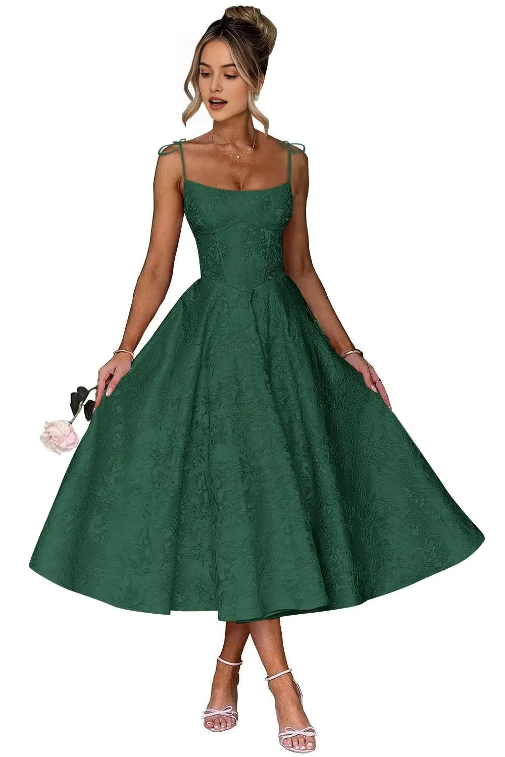 Elegant A-Line Square Neck Tie-Shoulder Lace-Up Back Jacquard Midi-Length Evening Dress