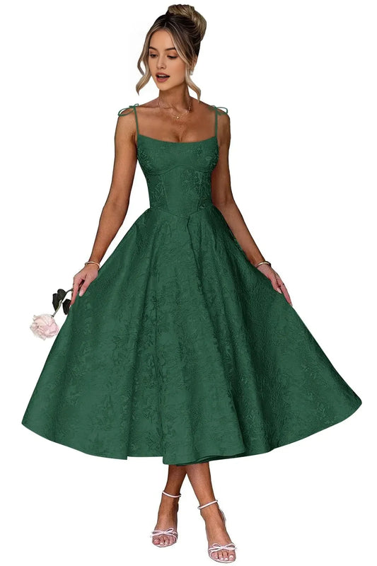 Elegant A-Line Square Neck Tie-Shoulder Lace-Up Back Jacquard Midi-Length Evening Dress