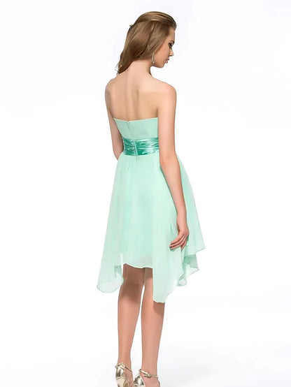 Back view of the strapless A-line dress, showcasing the sash detail.