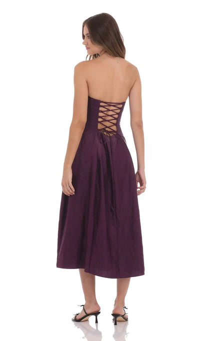 Elegant A-Line Strapless Plum Lace-Up Back Midi-Length Prom Dresses