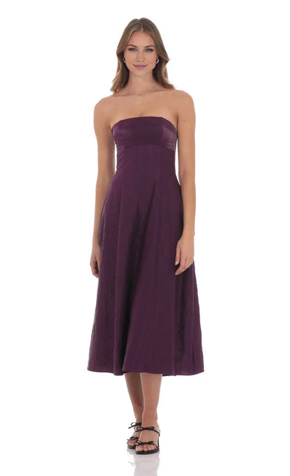 Elegant A-Line Strapless Plum Lace-Up Back Midi-Length Prom Dresses
