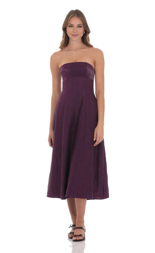 Elegant A-Line Strapless Plum Lace-Up Back Midi-Length Prom Dresses