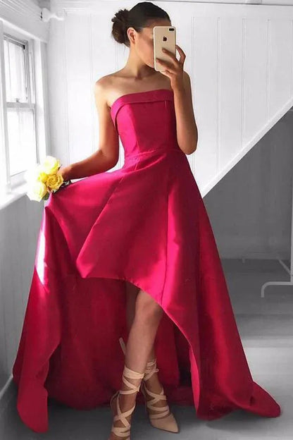 Elegant A-Line Strapless Sleeveless Closed Back Asymmetrical Hem Formal Evening Dress