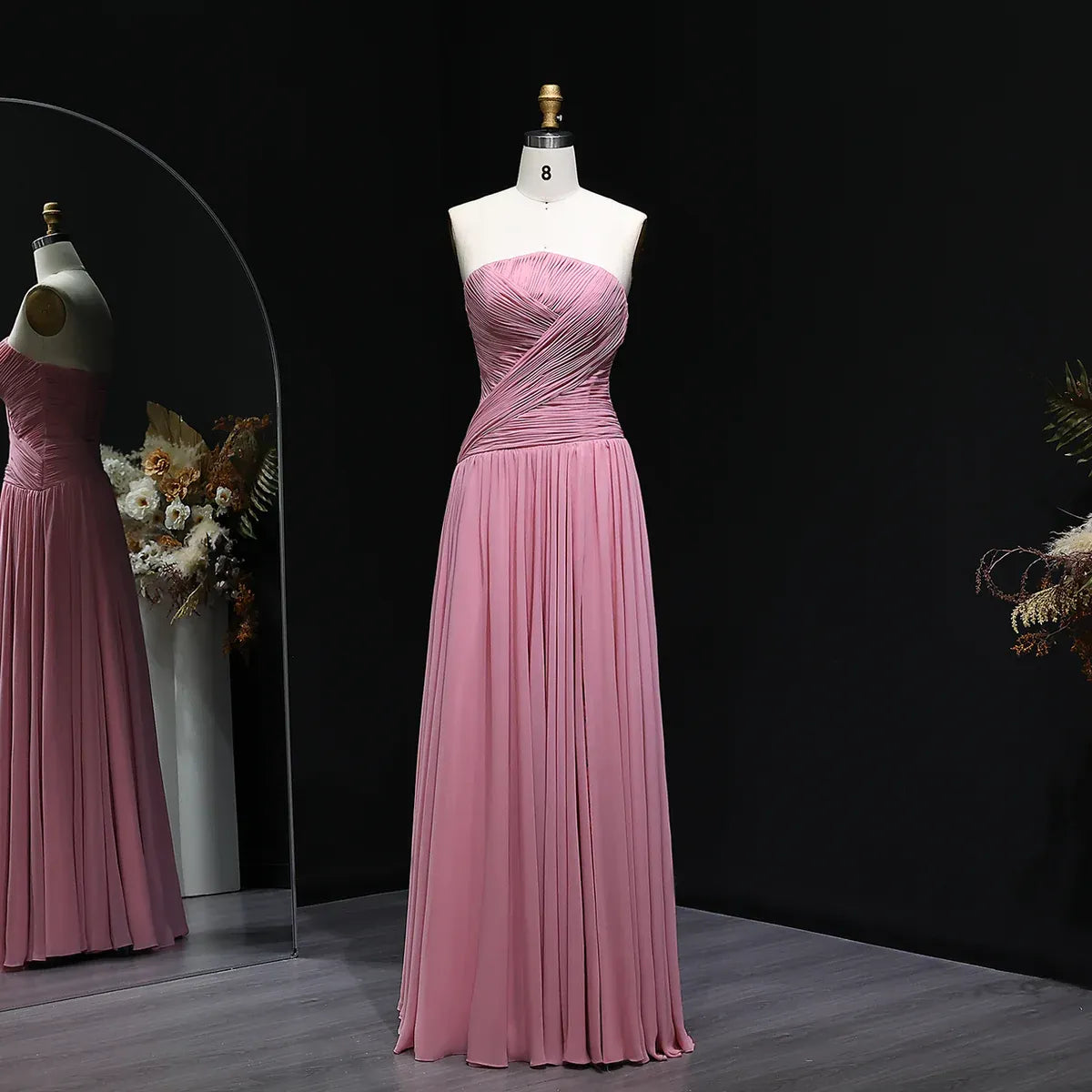 Elegant A-Line Strapless Sleeveless Ruched Chiffon Evening Dress