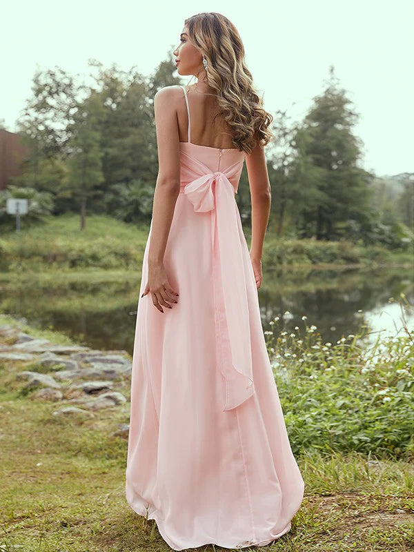 Full view of the floor-length A-Line chiffon bridesmaid dress.