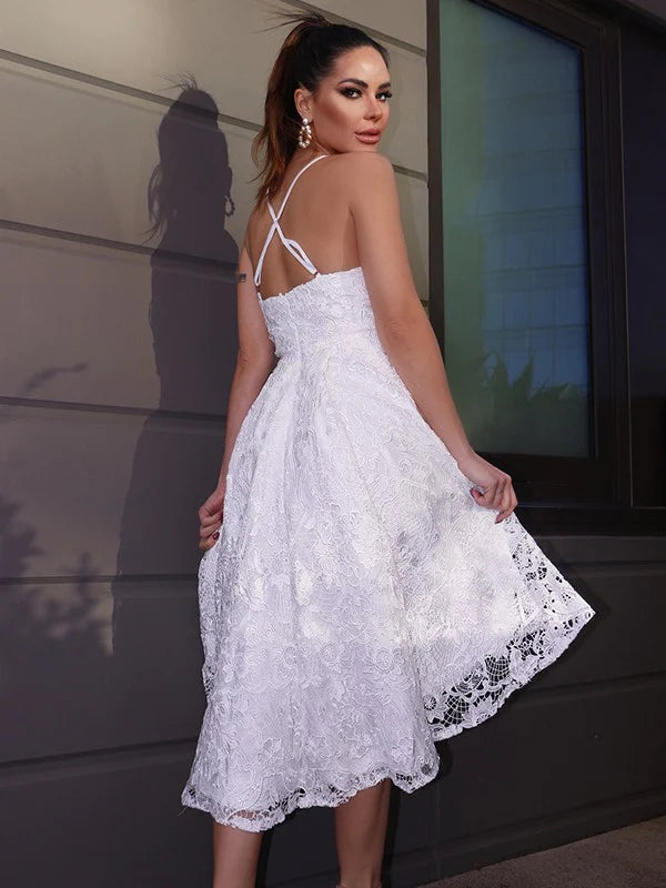 Back view of the A-Line sweetheart lace ruffle asymmetrical homecoming dress.