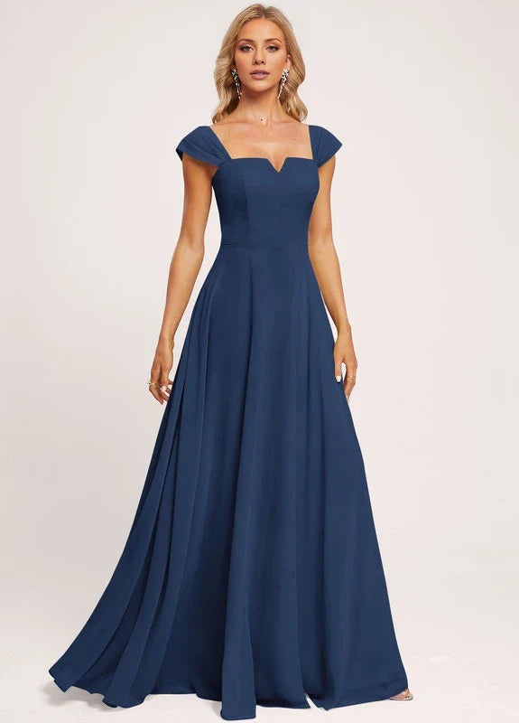 Elegant A-Line Sweetheart Neck Cap Sleeve Chiffon Maxi Evening Dress