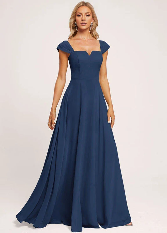 Elegant A-Line Sweetheart Neck Cap Sleeve Chiffon Maxi Evening Dress