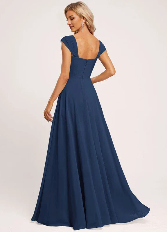 Elegant A-Line Sweetheart Neck Cap Sleeve Chiffon Maxi Evening Dress