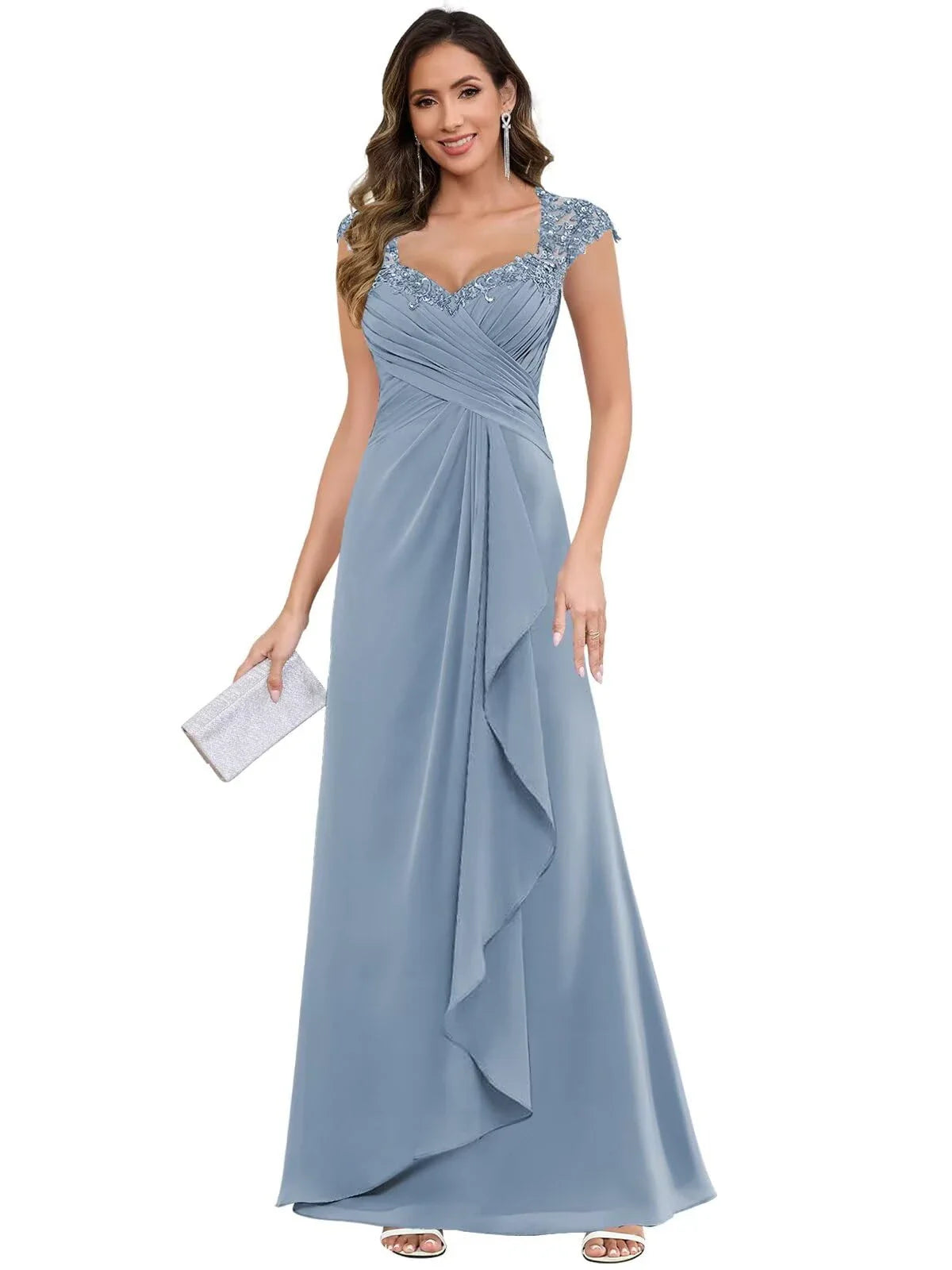 Elegant A-Line Sweetheart Neck Lace Cap Sleeve Ruched Back Floor-Length Evening Dress