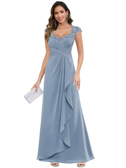 Elegant A-Line Sweetheart Neck Lace Cap Sleeve Ruched Back Floor-Length Evening Dress