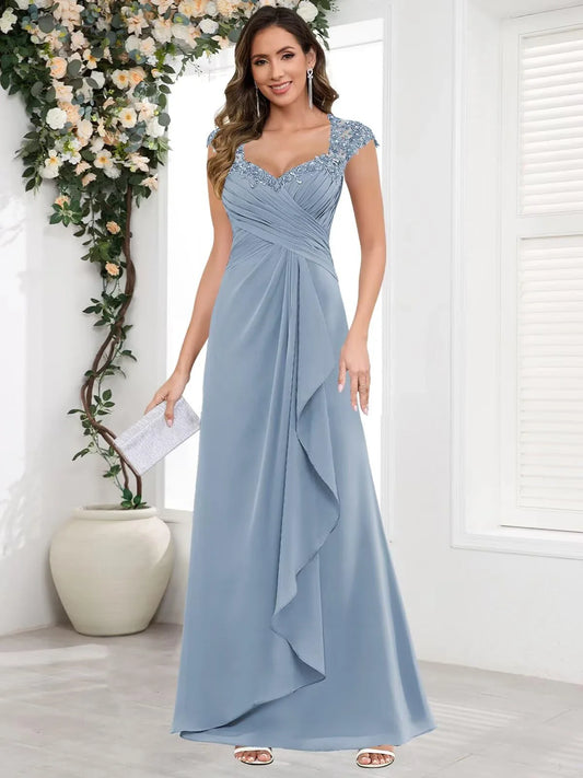 Elegant A-Line Sweetheart Neck Lace Cap Sleeve Ruched Back Floor-Length Evening Dress