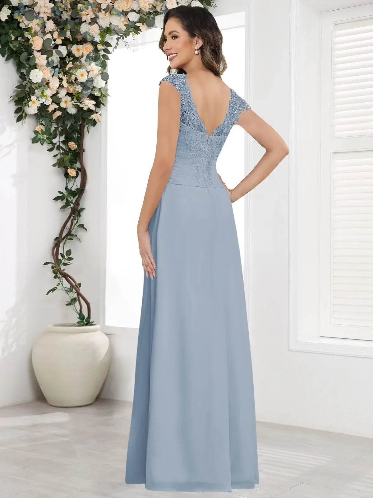 Elegant A-Line Sweetheart Neck Lace Cap Sleeve Ruched Back Floor-Length Evening Dress