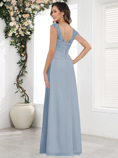 Elegant A-Line Sweetheart Neck Lace Cap Sleeve Ruched Back Floor-Length Evening Dress