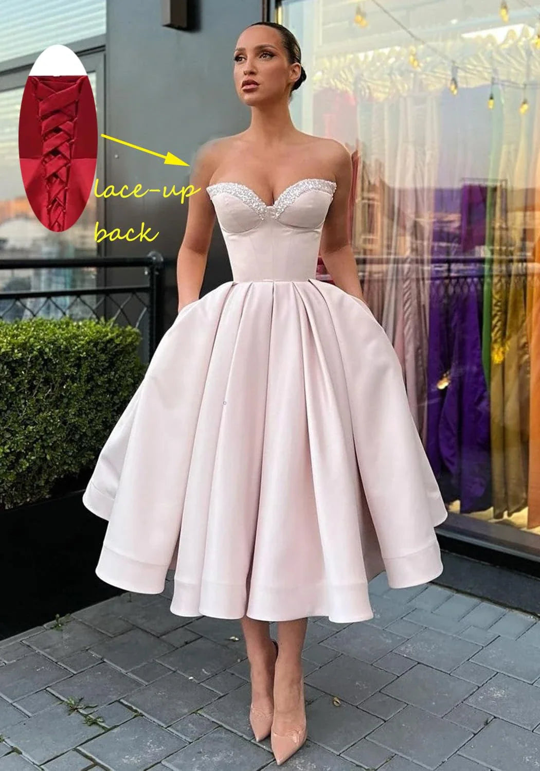 Elegant A Line Sweetheart Neck Sleeveless Lace Up Back Midi Length Evening Dress