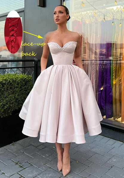 Elegant A Line Sweetheart Neck Sleeveless Lace Up Back Midi Length Evening Dress