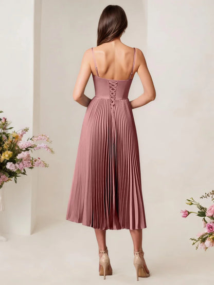 Elegant A-Line Sweetheart-Neck Spaghetti-Strap Crisscross-Lace-Up-Back Pleated Midi Evening Dress